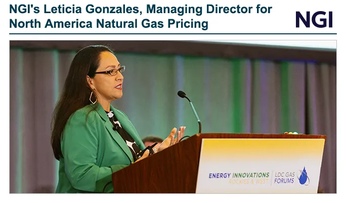 لتیسیا گونزالس، مدیر عامل NGI که ​​در تریبون کنفرانس انرژی صحبت می کند، در مورد روند قیمت گذاری گاز طبیعی آمریکای شمالی و چشم انداز بازار صحبت می کند.